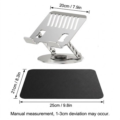 Adjustable aluminum alloy laptop stand (20*20CM), with mouse pad (21*25cm), adjustable height and angle, space-saving, heat dissipation support, suitable for office, home, study and work environments