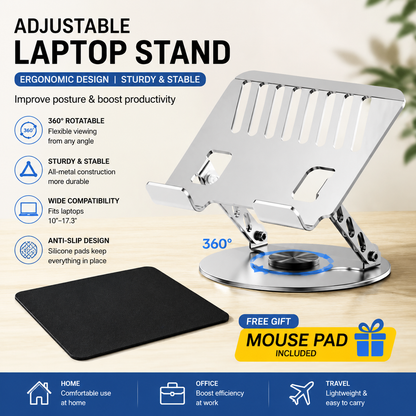 Adjustable aluminum alloy laptop stand (23.5*23.5CM), with mouse pad (21*25cm), adjustable height and angle, space-saving, heat dissipation support, suitable for office, home, study and work environments