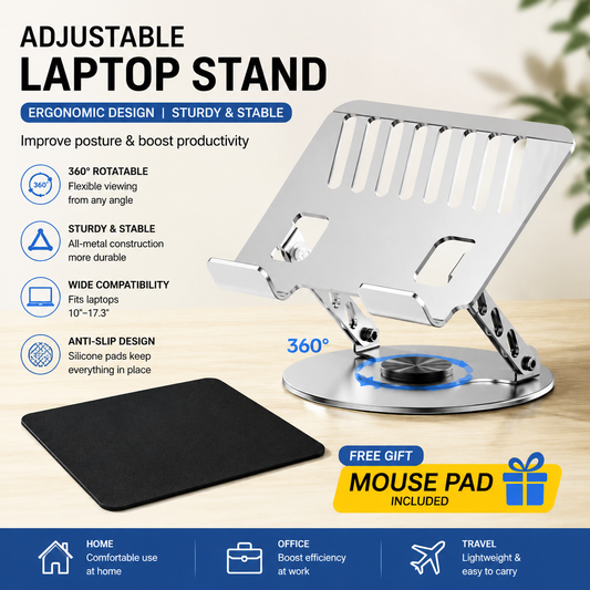 Adjustable aluminum alloy laptop stand (23.5*23.5CM), with mouse pad (21*25cm), adjustable height and angle, space-saving, heat dissipation support, suitable for office, home, study and work environments