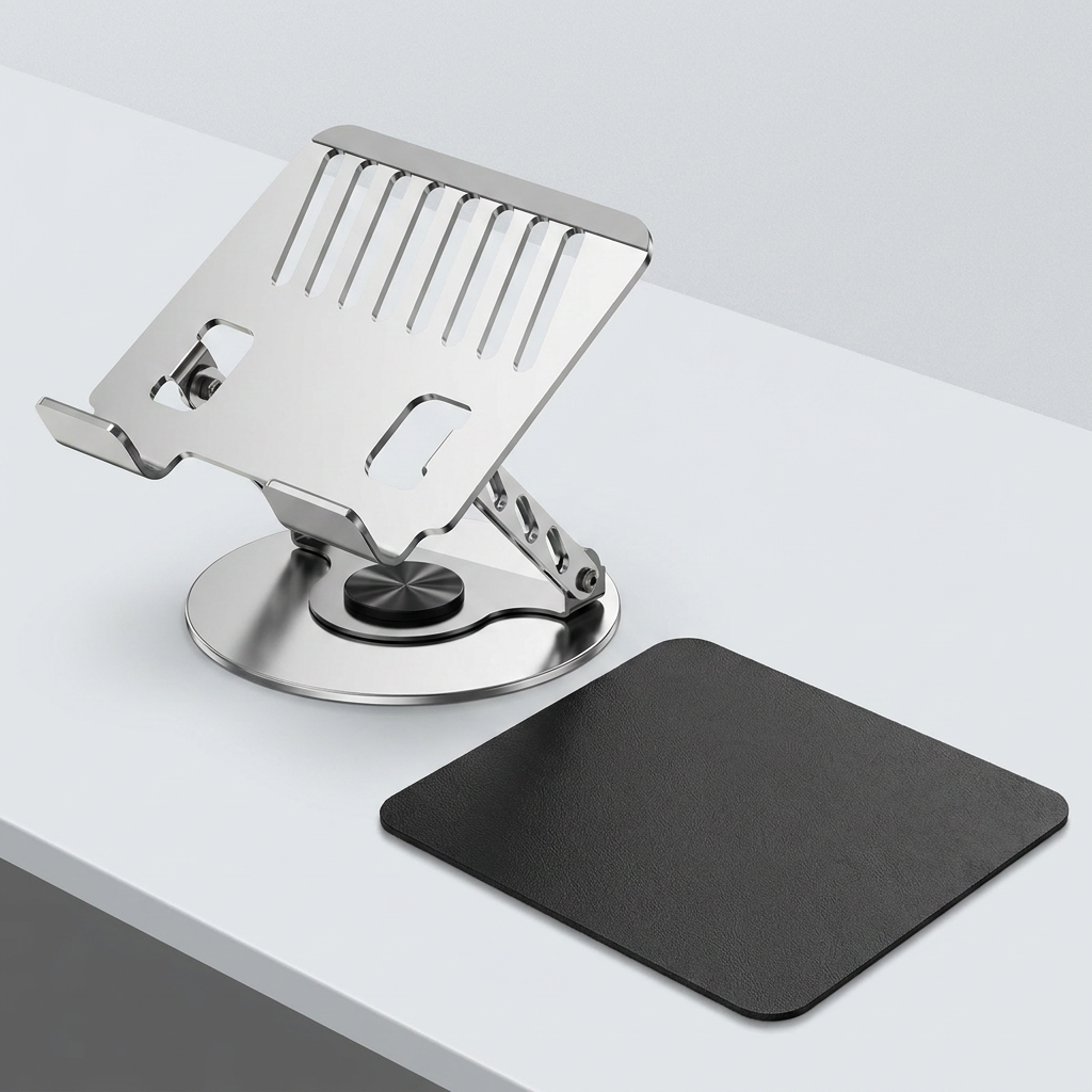 Adjustable aluminum alloy laptop stand (23.5*23.5CM), with mouse pad (21*25cm), adjustable height and angle, space-saving, heat dissipation support, suitable for office, home, study and work environments