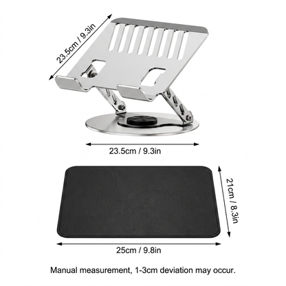 Adjustable aluminum alloy laptop stand (23.5*23.5CM), with mouse pad (21*25cm), adjustable height and angle, space-saving, heat dissipation support, suitable for office, home, study and work environments