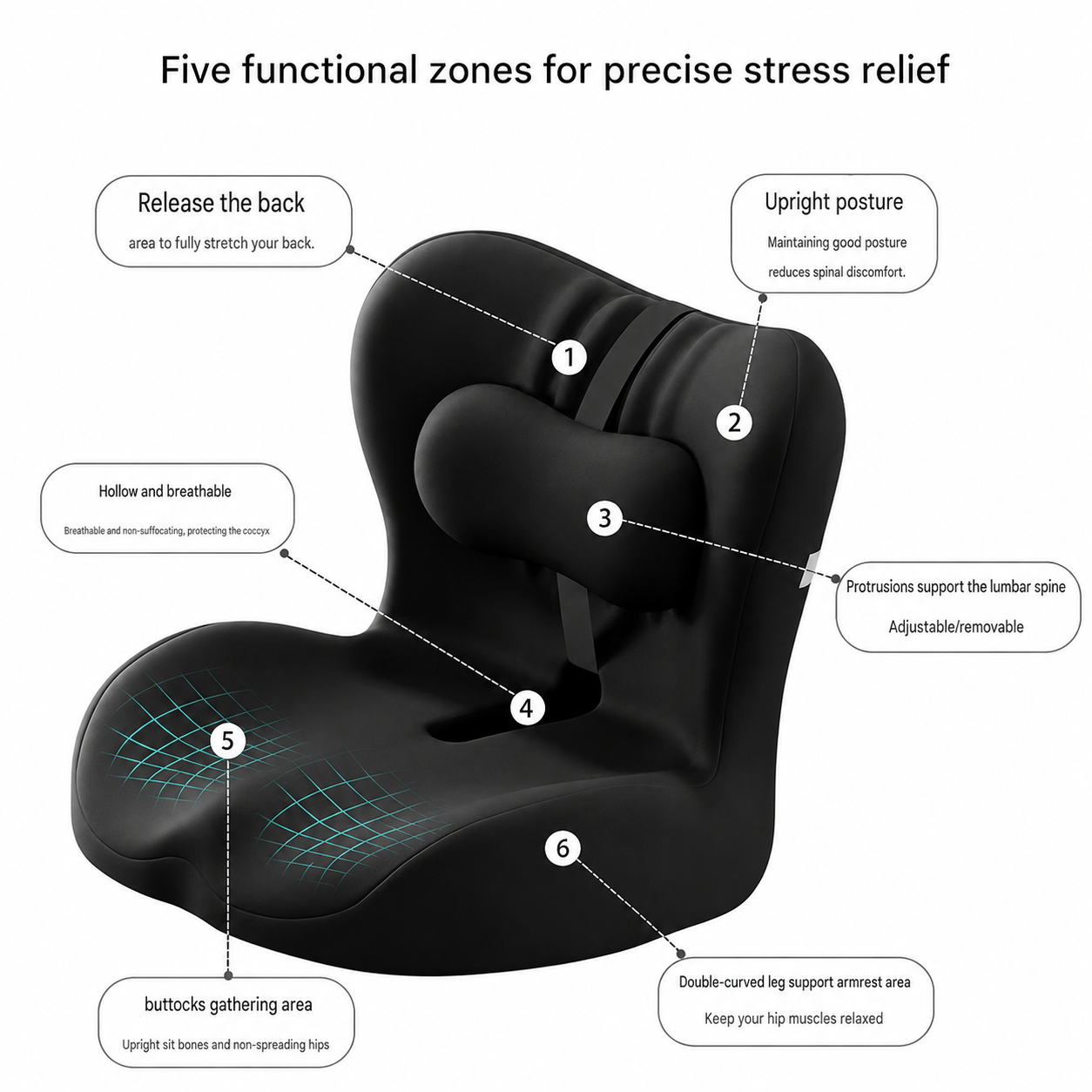 Ergonomic Memory Foam Seat Cushion with Black Support Integrated One Piece Design Pressure Relief Chair Cushion Black for Office Car Home Use