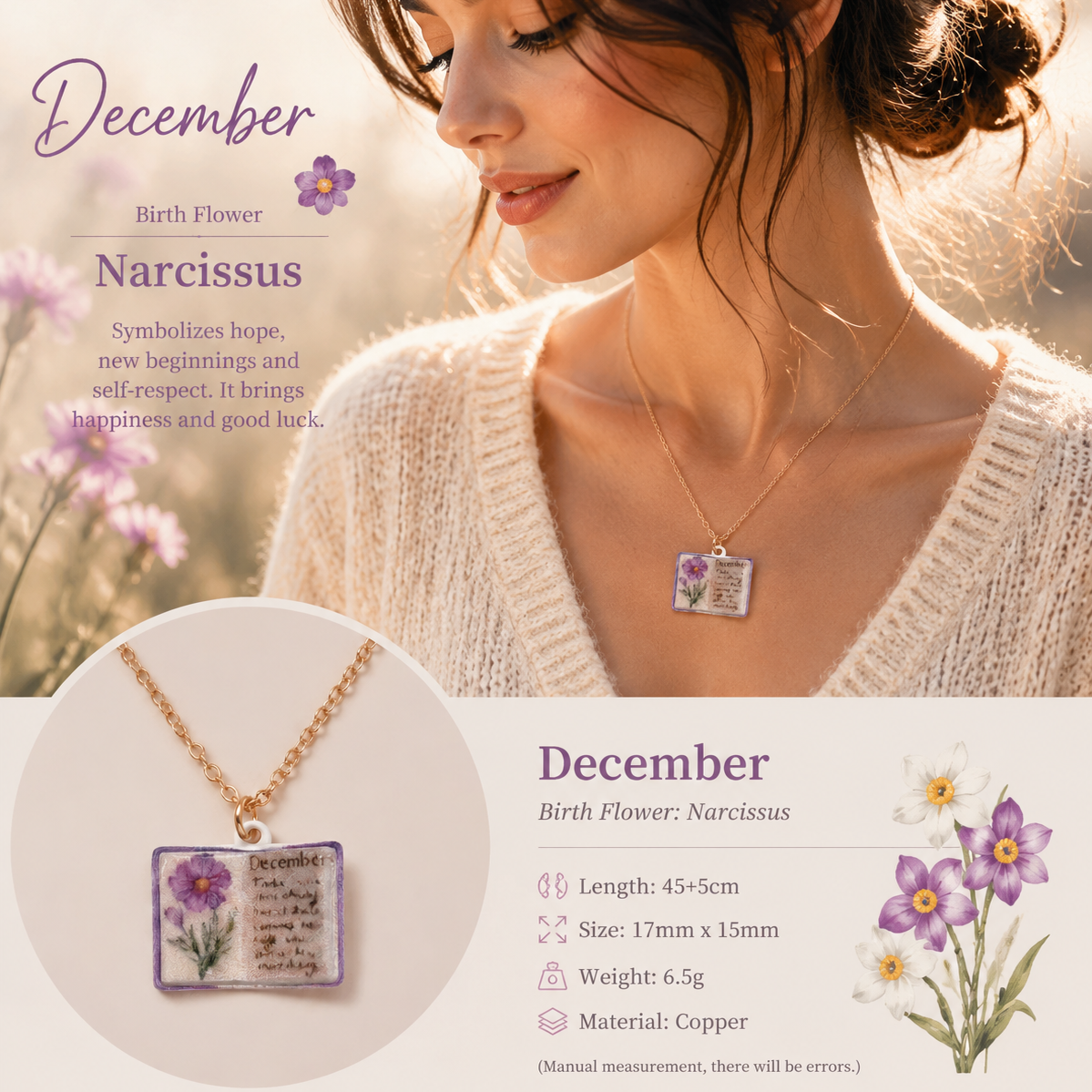 Vintage-style book necklace with December birthday flowers, a luxurious gold-plated bronze exquisite floral pendant gift