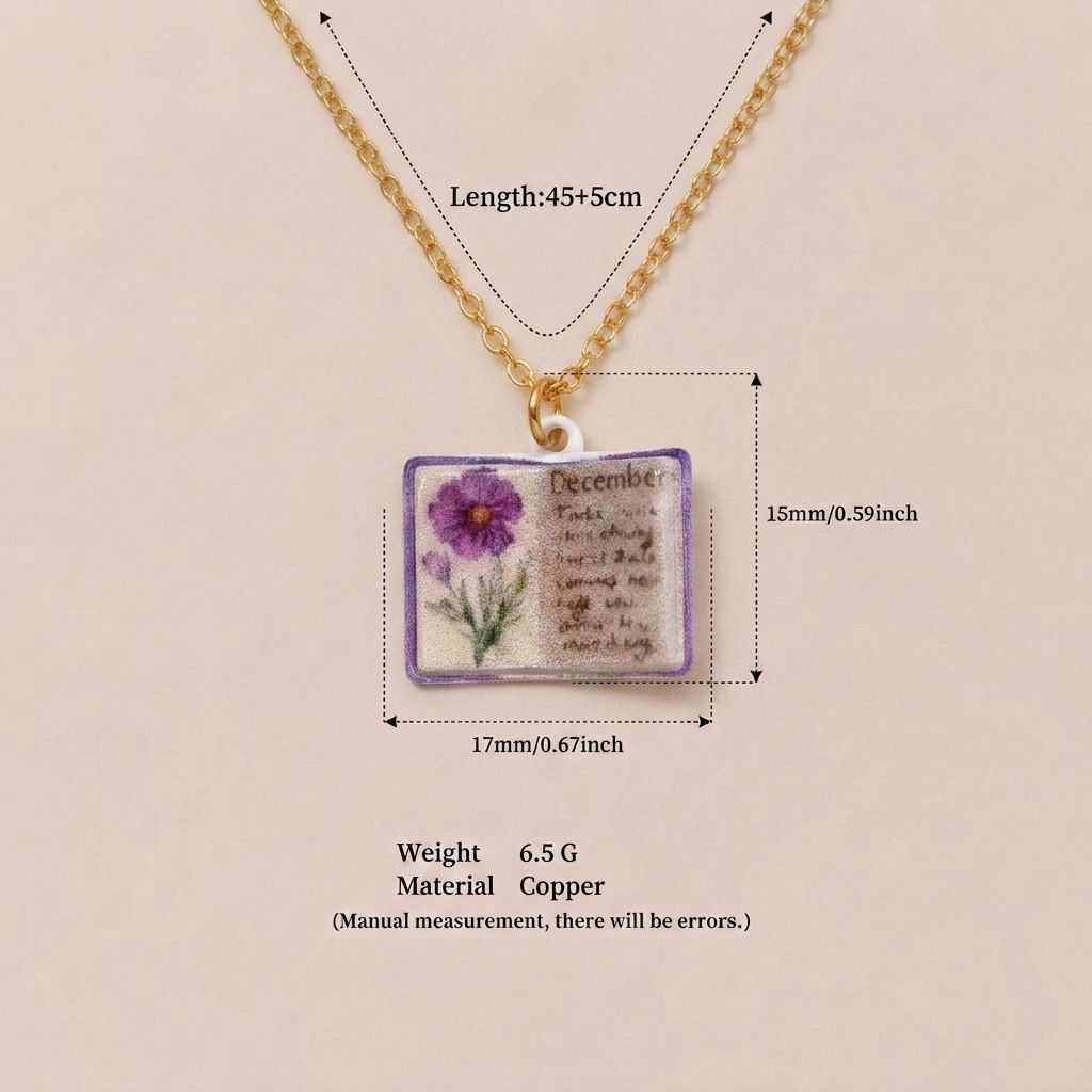 Vintage-style book necklace with December birthday flowers, a luxurious gold-plated bronze exquisite floral pendant gift