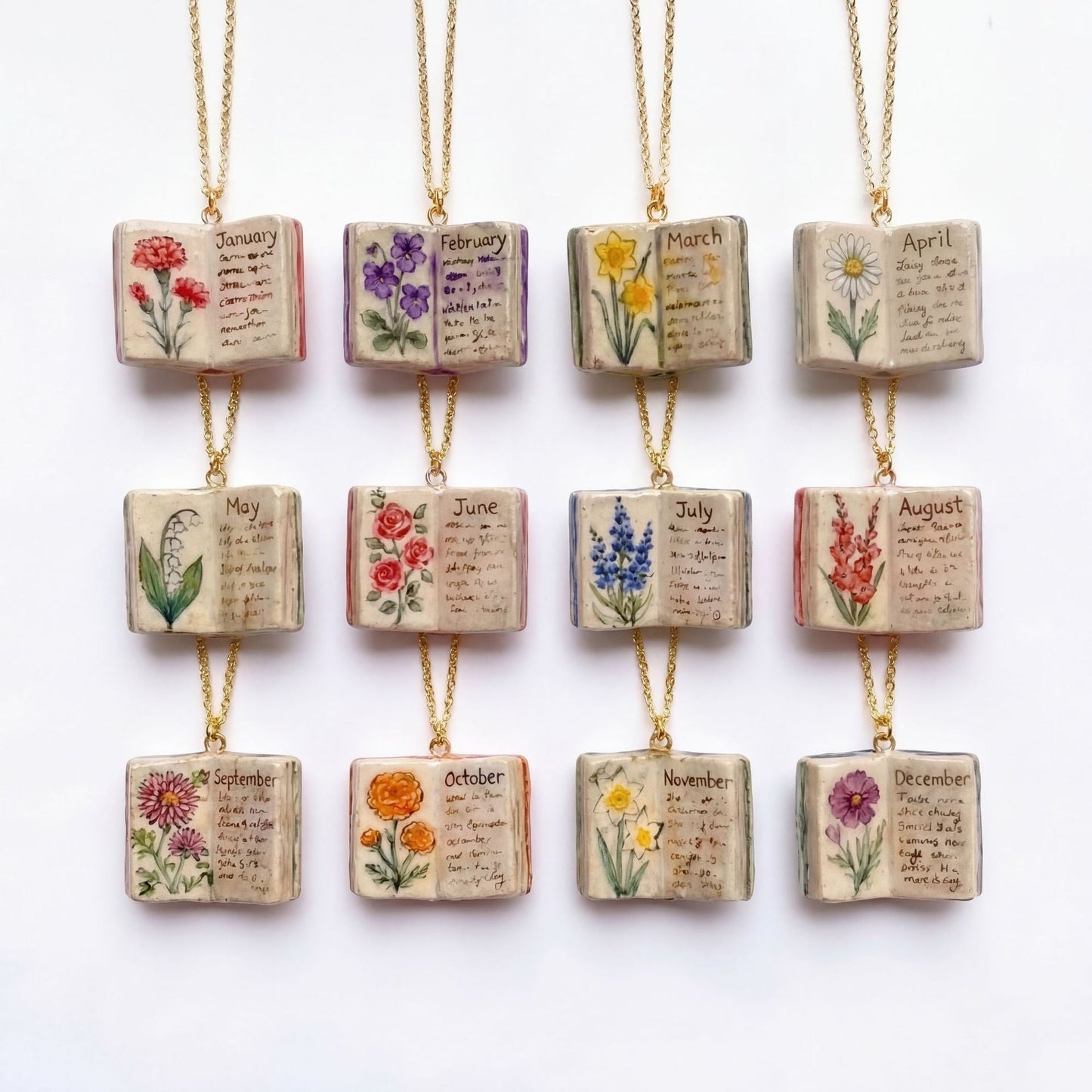 Vintage-style book necklace with December birthday flowers, a luxurious gold-plated bronze exquisite floral pendant gift