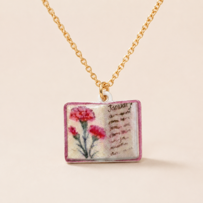 Vintage-style book necklace with January birthday flowers, a luxurious gold-plated bronze exquisite floral pendant gift