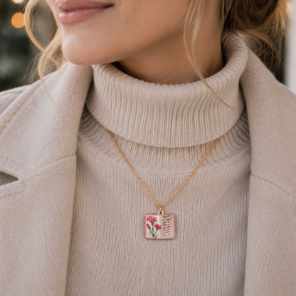 Vintage-style book necklace with January birthday flowers, a luxurious gold-plated bronze exquisite floral pendant gift
