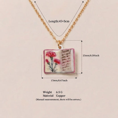 Vintage-style book necklace with January birthday flowers, a luxurious gold-plated bronze exquisite floral pendant gift