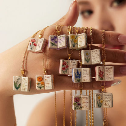 Vintage-style book necklace with January birthday flowers, a luxurious gold-plated bronze exquisite floral pendant gift