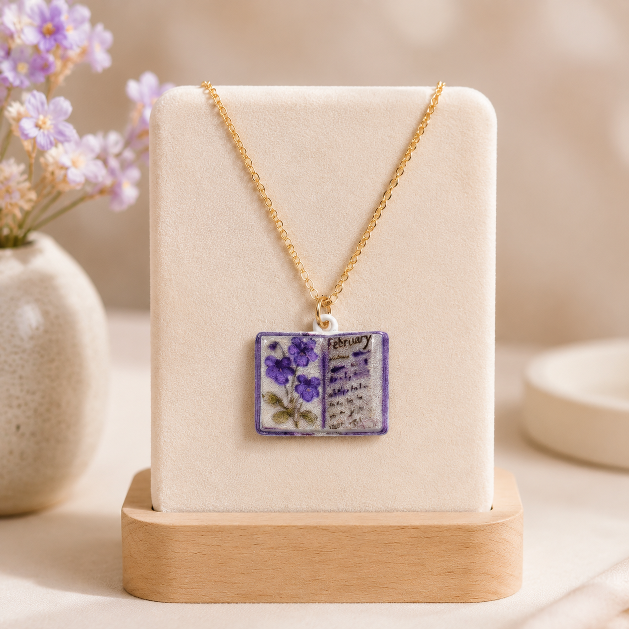 Vintage-style book necklace with February birthday flowers, a luxurious gold-plated bronze exquisite floral pendant gift
