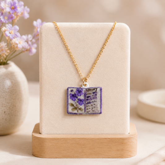 Vintage-style book necklace with February birthday flowers, a luxurious gold-plated bronze exquisite floral pendant gift