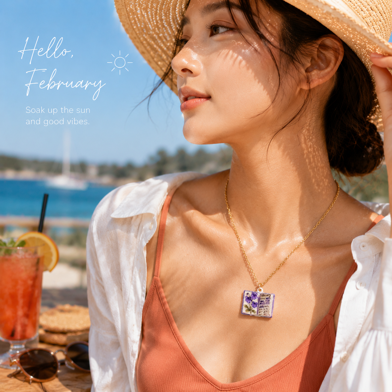 Vintage-style book necklace with February birthday flowers, a luxurious gold-plated bronze exquisite floral pendant gift