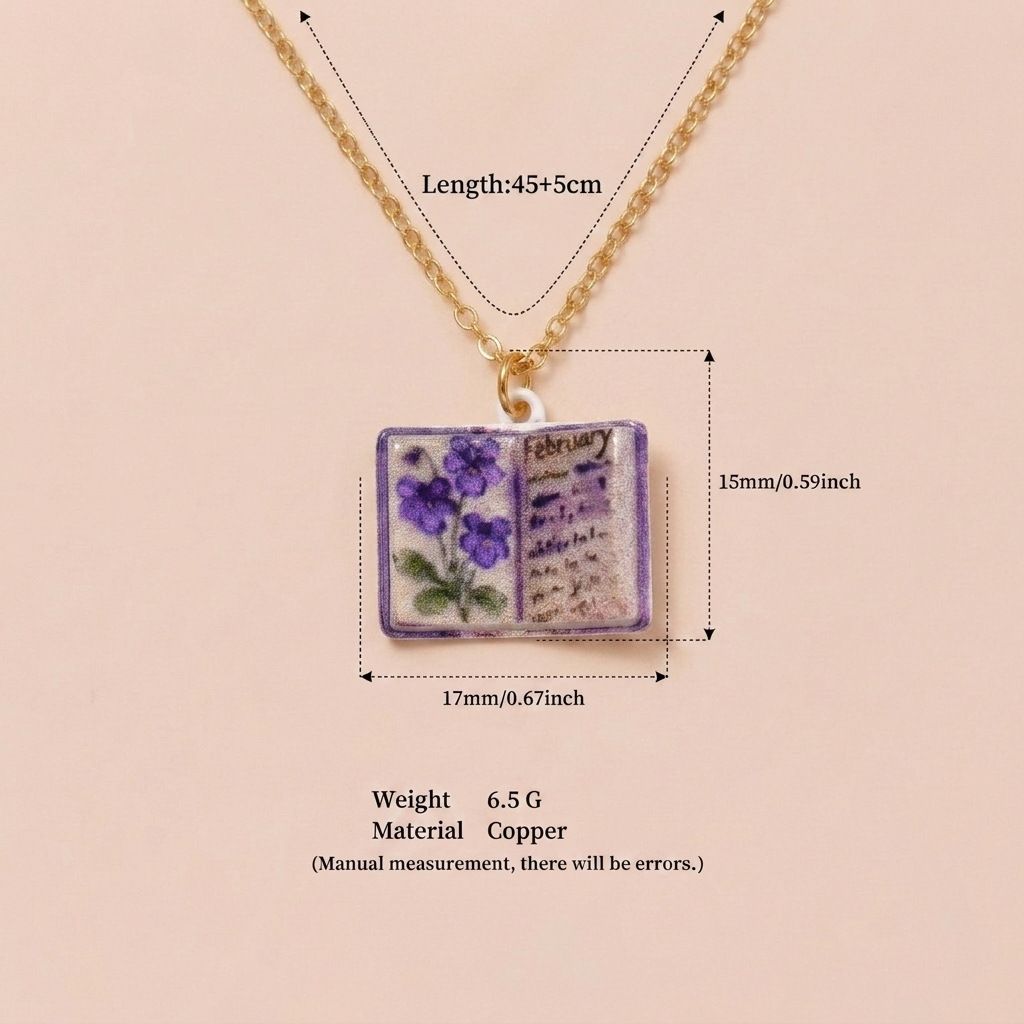 Vintage-style book necklace with February birthday flowers, a luxurious gold-plated bronze exquisite floral pendant gift