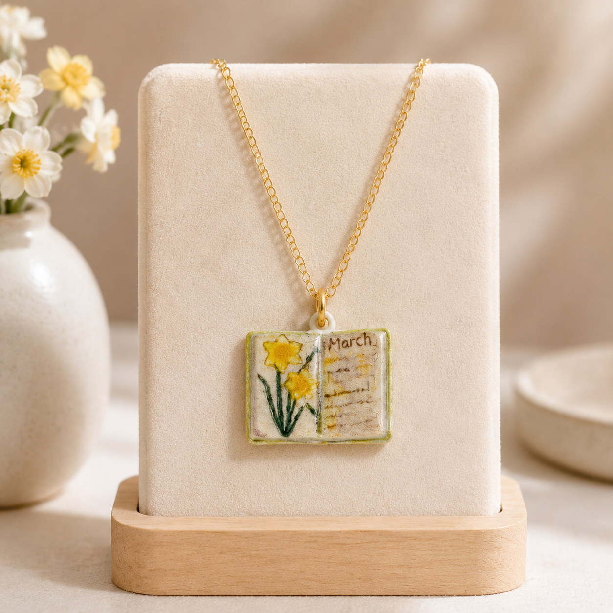 Vintage-style book necklace with March birthday flowers, a luxurious gold-plated bronze exquisite floral pendant gift