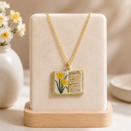 Vintage-style book necklace with March birthday flowers, a luxurious gold-plated bronze exquisite floral pendant gift