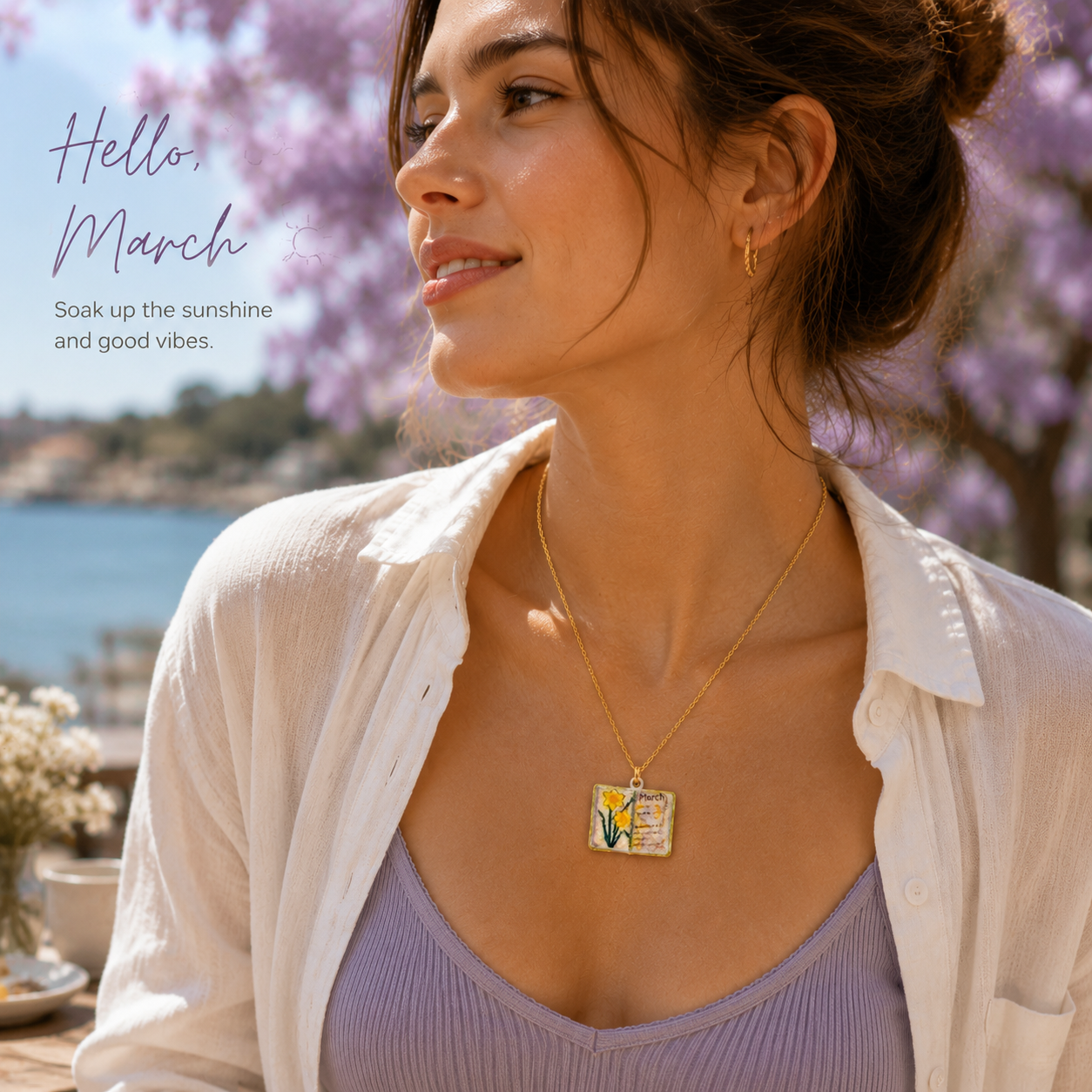 Vintage-style book necklace with March birthday flowers, a luxurious gold-plated bronze exquisite floral pendant gift