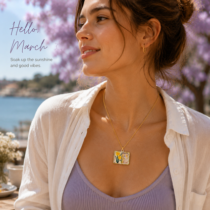 Vintage-style book necklace with March birthday flowers, a luxurious gold-plated bronze exquisite floral pendant gift