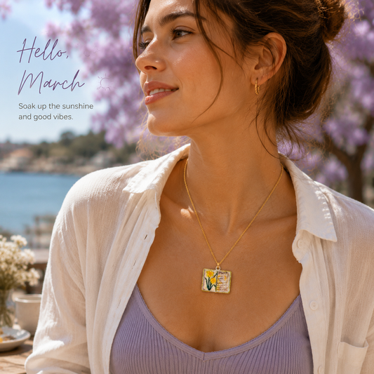 Vintage-style book necklace with March birthday flowers, a luxurious gold-plated bronze exquisite floral pendant gift