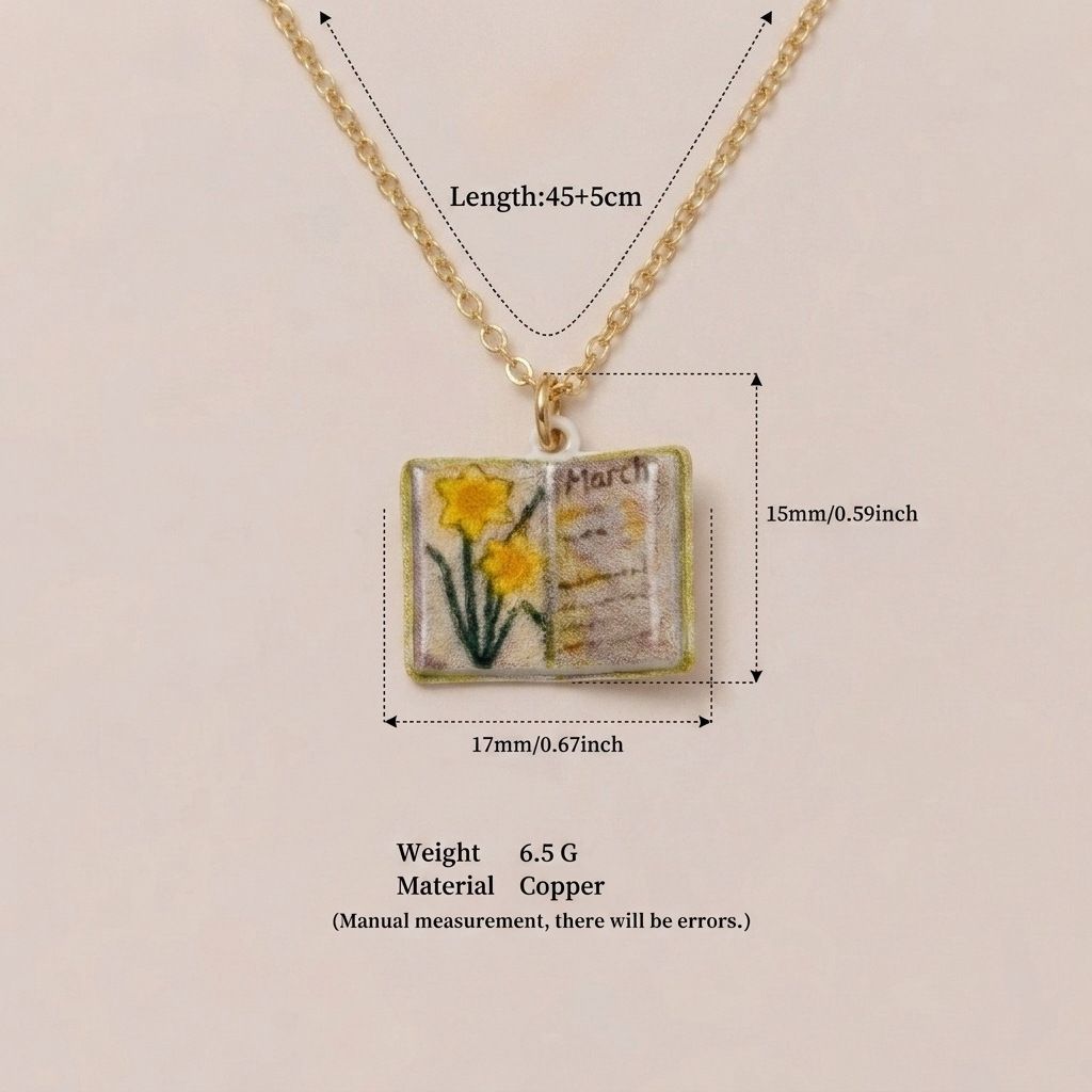 Vintage-style book necklace with March birthday flowers, a luxurious gold-plated bronze exquisite floral pendant gift
