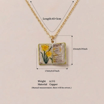 Vintage-style book necklace with March birthday flowers, a luxurious gold-plated bronze exquisite floral pendant gift