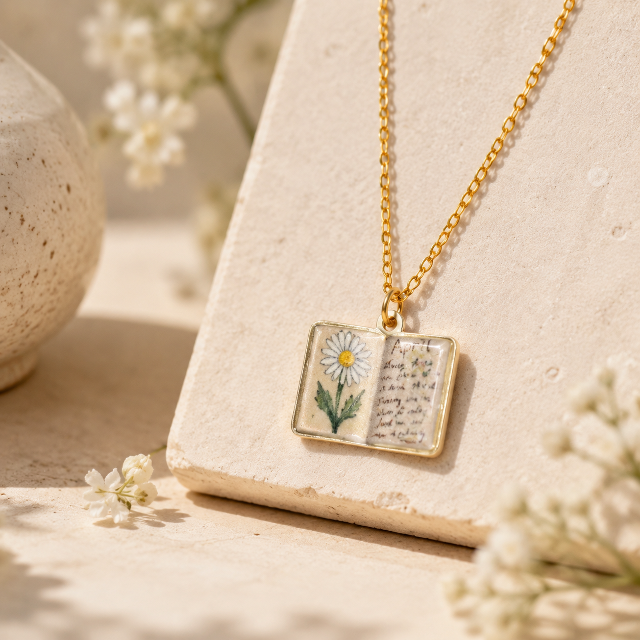 Vintage-style book necklace with April birthday flowers, a luxurious gold-plated bronze exquisite floral pendant gift