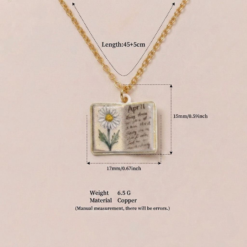 Vintage-style book necklace with April birthday flowers, a luxurious gold-plated bronze exquisite floral pendant gift