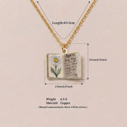 Vintage-style book necklace with April birthday flowers, a luxurious gold-plated bronze exquisite floral pendant gift