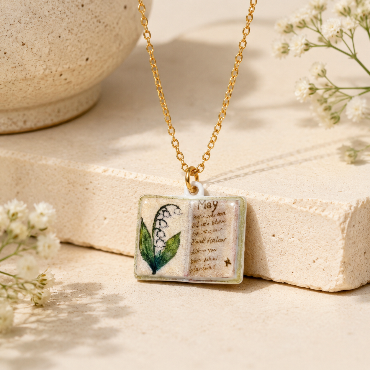 Vintage-style book necklace with May birthday flowers, a luxurious gold-plated bronze exquisite floral pendant gift