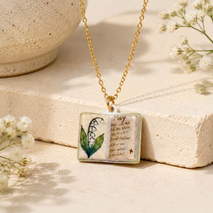 Vintage-style book necklace with May birthday flowers, a luxurious gold-plated bronze exquisite floral pendant gift