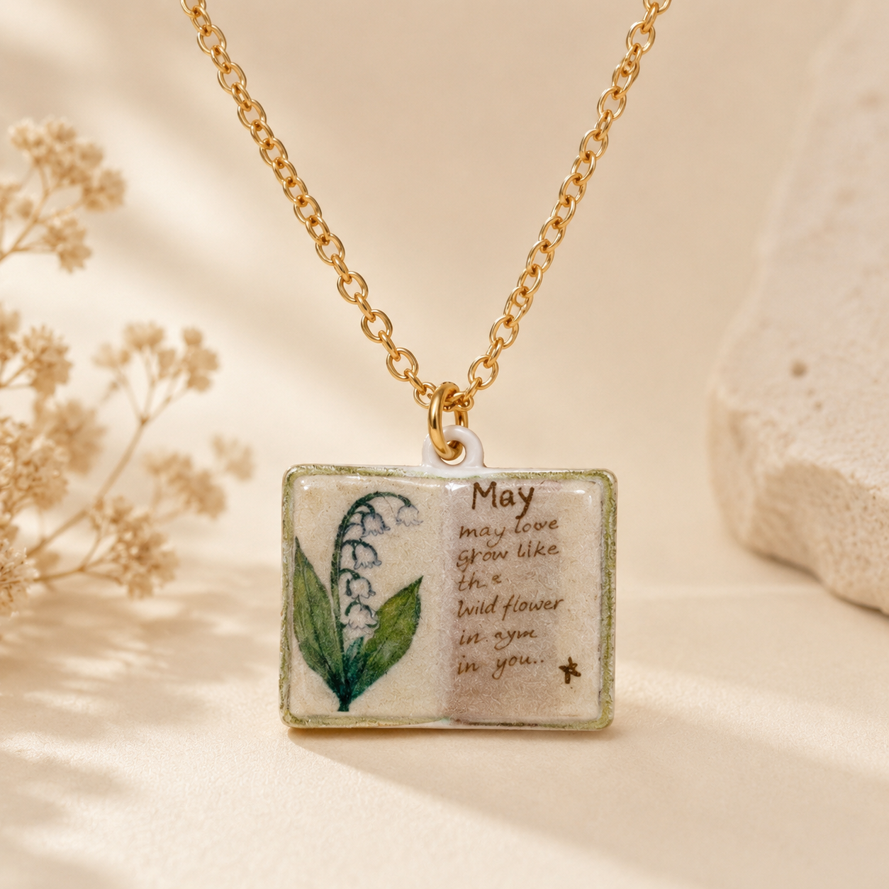 Vintage-style book necklace with May birthday flowers, a luxurious gold-plated bronze exquisite floral pendant gift