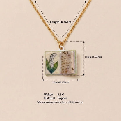 Vintage-style book necklace with May birthday flowers, a luxurious gold-plated bronze exquisite floral pendant gift