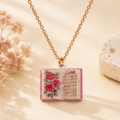 Vintage-style book necklace with June birthday flowers, a luxurious gold-plated bronze exquisite floral pendant gift