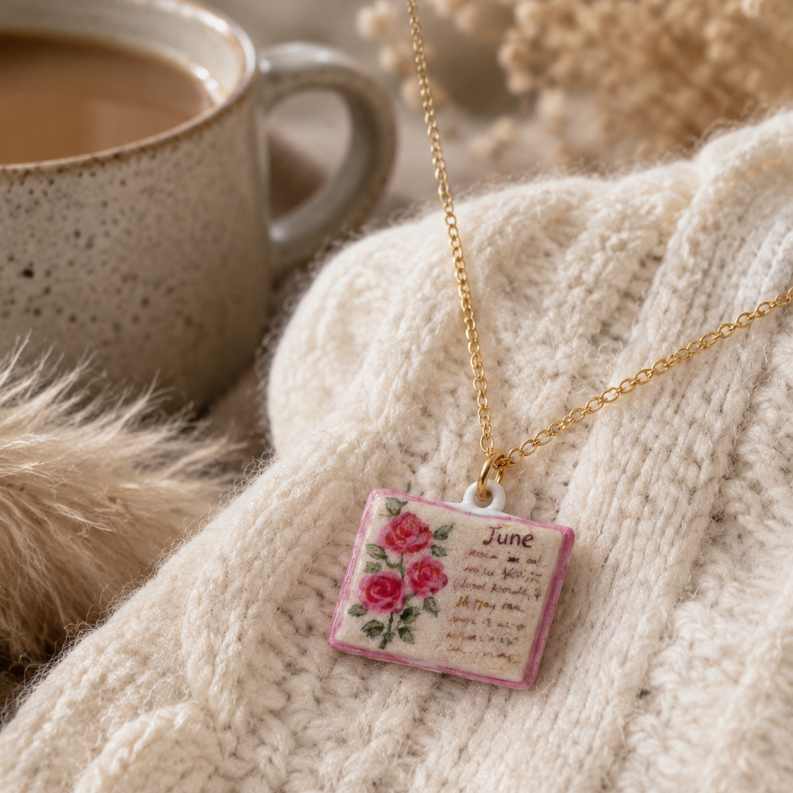 Vintage-style book necklace with June birthday flowers, a luxurious gold-plated bronze exquisite floral pendant gift