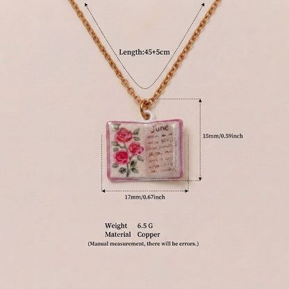 Vintage-style book necklace with June birthday flowers, a luxurious gold-plated bronze exquisite floral pendant gift