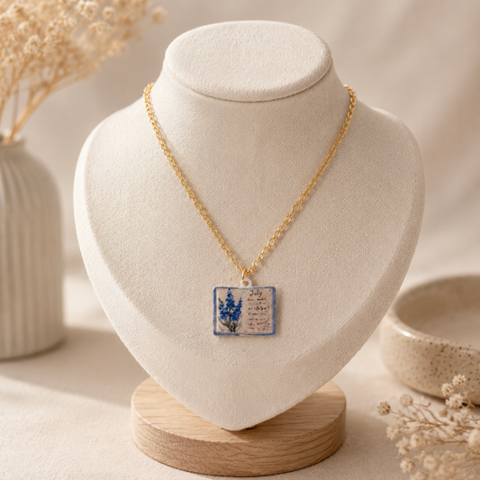 Vintage-style book necklace with July birthday flowers, a luxurious gold-plated bronze exquisite floral pendant gift