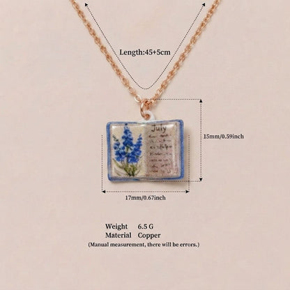 Vintage-style book necklace with July birthday flowers, a luxurious gold-plated bronze exquisite floral pendant gift