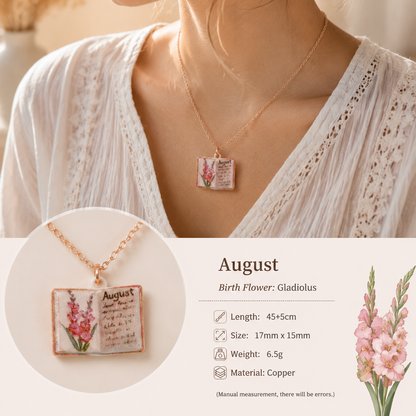 Vintage-style book necklace with August birthday flowers, a luxurious gold-plated bronze exquisite floral pendant gift