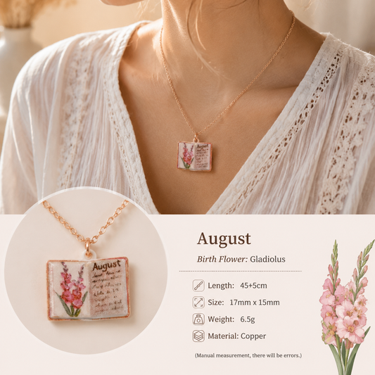 Vintage-style book necklace with August birthday flowers, a luxurious gold-plated bronze exquisite floral pendant gift