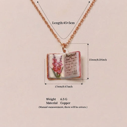 Vintage-style book necklace with August birthday flowers, a luxurious gold-plated bronze exquisite floral pendant gift