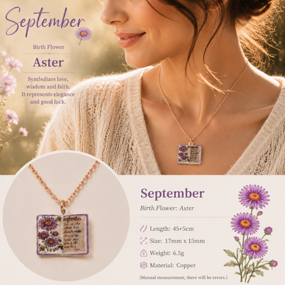 Vintage-style book necklace with September birthday flowers, a luxurious gold-plated bronze exquisite floral pendant gift