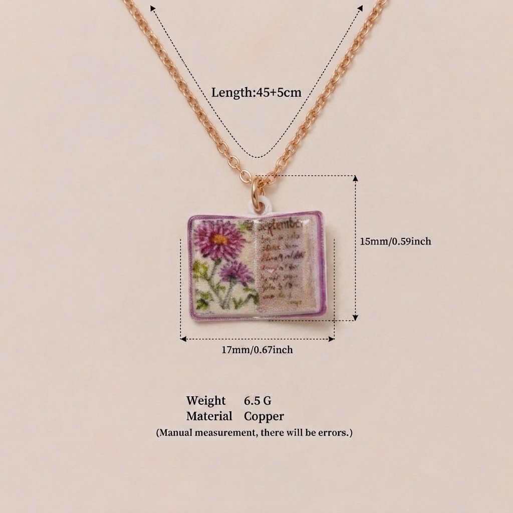 Vintage-style book necklace with September birthday flowers, a luxurious gold-plated bronze exquisite floral pendant gift