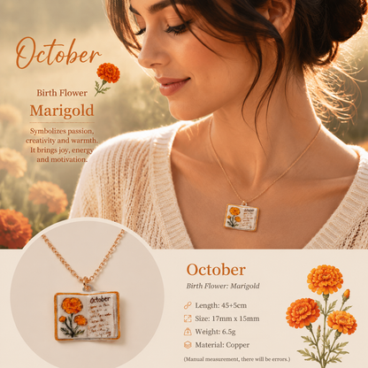 Vintage-style book necklace with October birthday flowers, a luxurious gold-plated bronze exquisite floral pendant gift