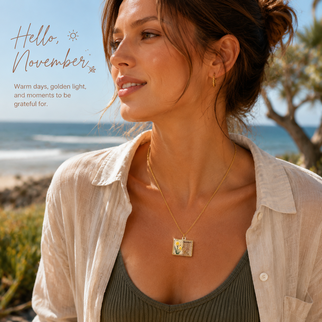 Vintage-style book necklace with November birthday flowers, a luxurious gold-plated bronze exquisite floral pendant gift