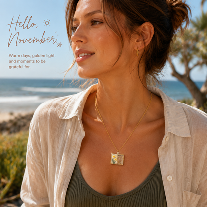 Vintage-style book necklace with November birthday flowers, a luxurious gold-plated bronze exquisite floral pendant gift