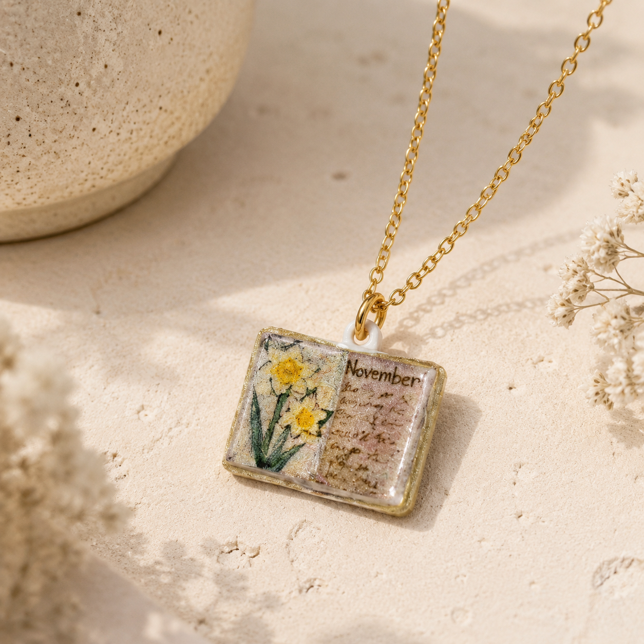 Vintage-style book necklace with November birthday flowers, a luxurious gold-plated bronze exquisite floral pendant gift