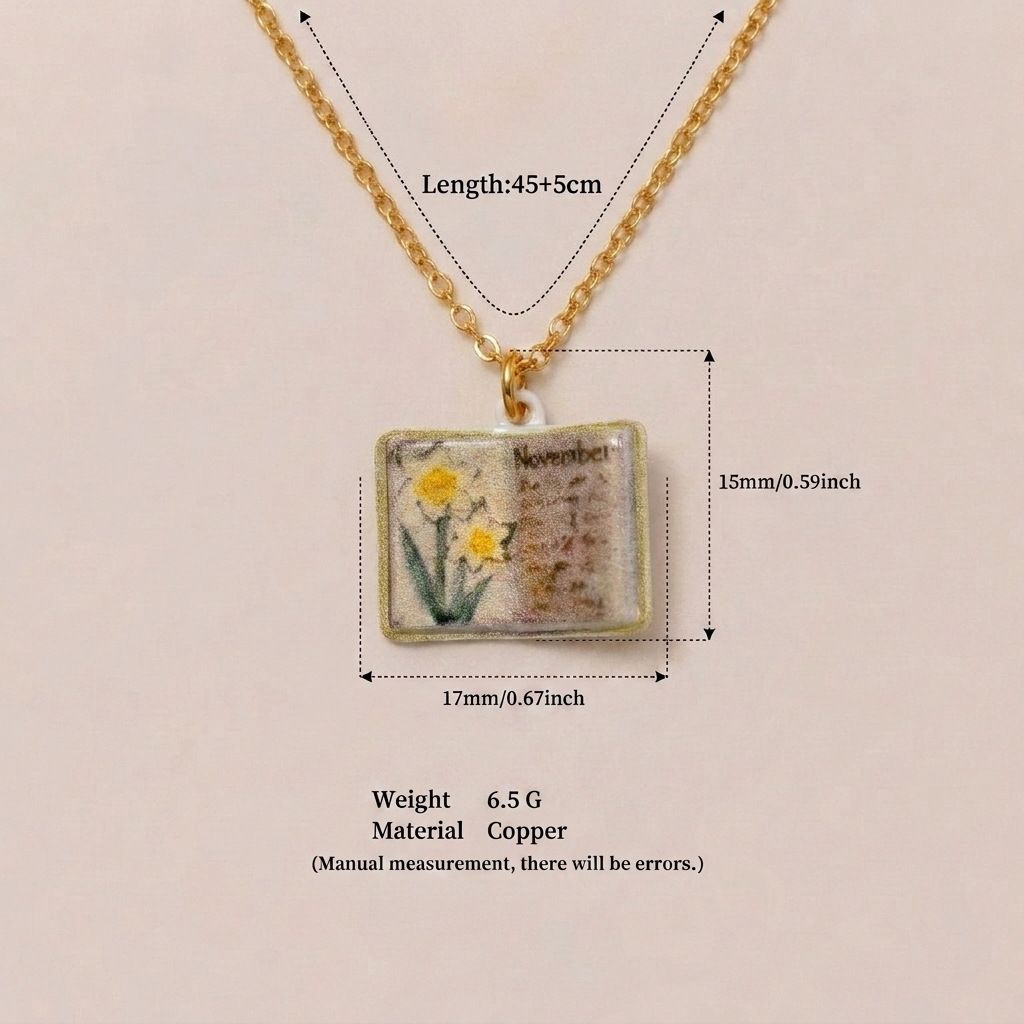 Vintage-style book necklace with November birthday flowers, a luxurious gold-plated bronze exquisite floral pendant gift