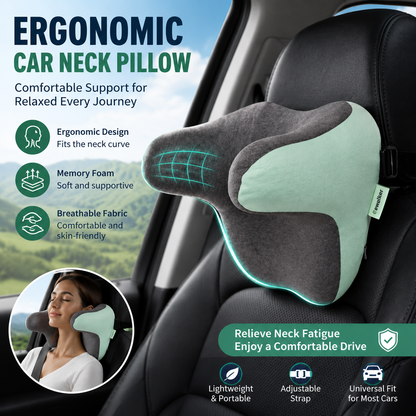 Ergonomic Car Neck Pillow Memory Foam Headrest Cushion (Grey Mint Green) Adjustable Strap Breathable Neck Support Car Seat Travel Comfort Accessories