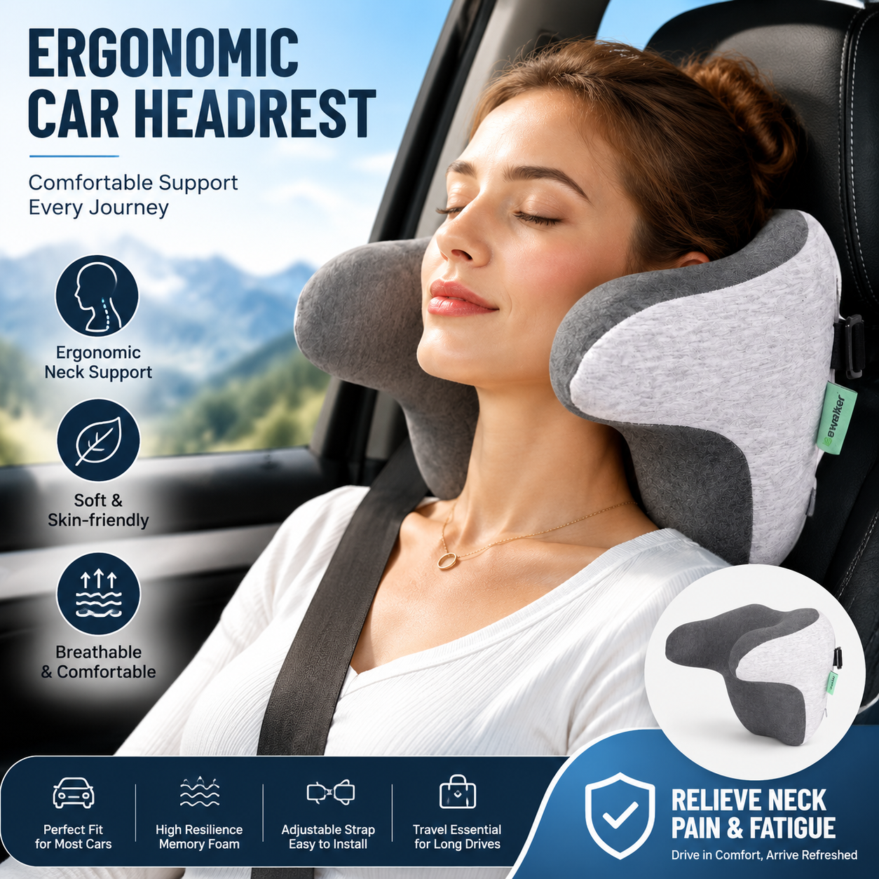 Ergonomic Car Neck Pillow Memory Foam Headrest Cushion (Grey) Adjustable Strap Breathable Neck Support Car Seat Travel Comfort Accessories