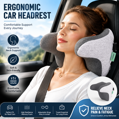 Ergonomic Car Neck Pillow Memory Foam Headrest Cushion (Grey) Adjustable Strap Breathable Neck Support Car Seat Travel Comfort Accessories