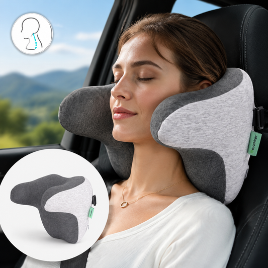 Ergonomic Car Neck Pillow Memory Foam Headrest Cushion (Grey) Adjustable Strap Breathable Neck Support Car Seat Travel Comfort Accessories